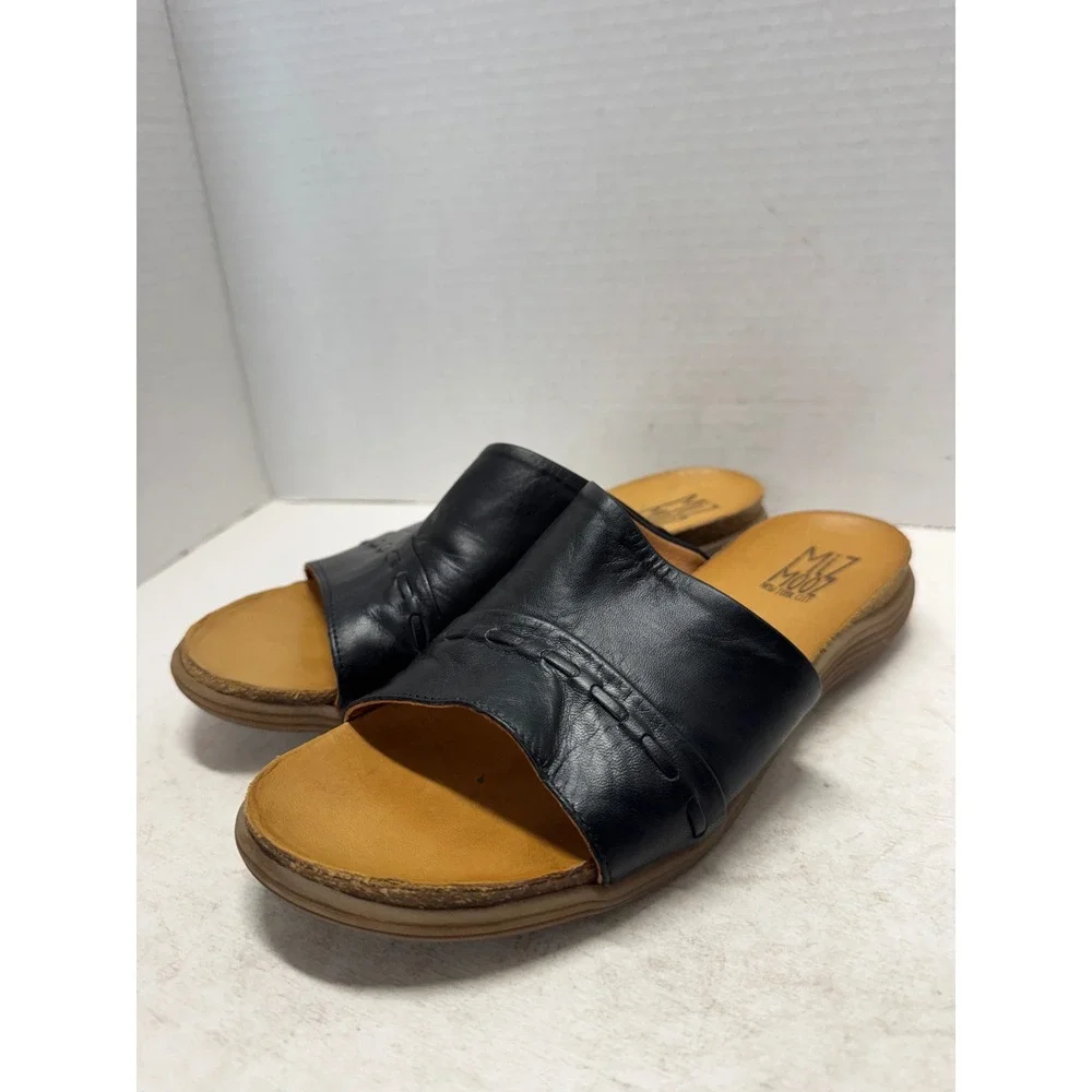 Miz Mooz Mae Black Leather Whipstitch Slide Sandals Portugal Size 39 8.5